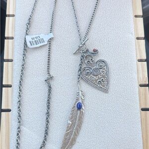 Free People long Silver Heart & Feather Pendant Necklace - Blue Accent